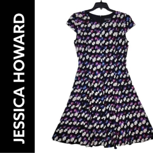 JESSICA Howard Midi Black Belted Geometric-Print A-Line Dress Size 10P - Picture 3 of 11